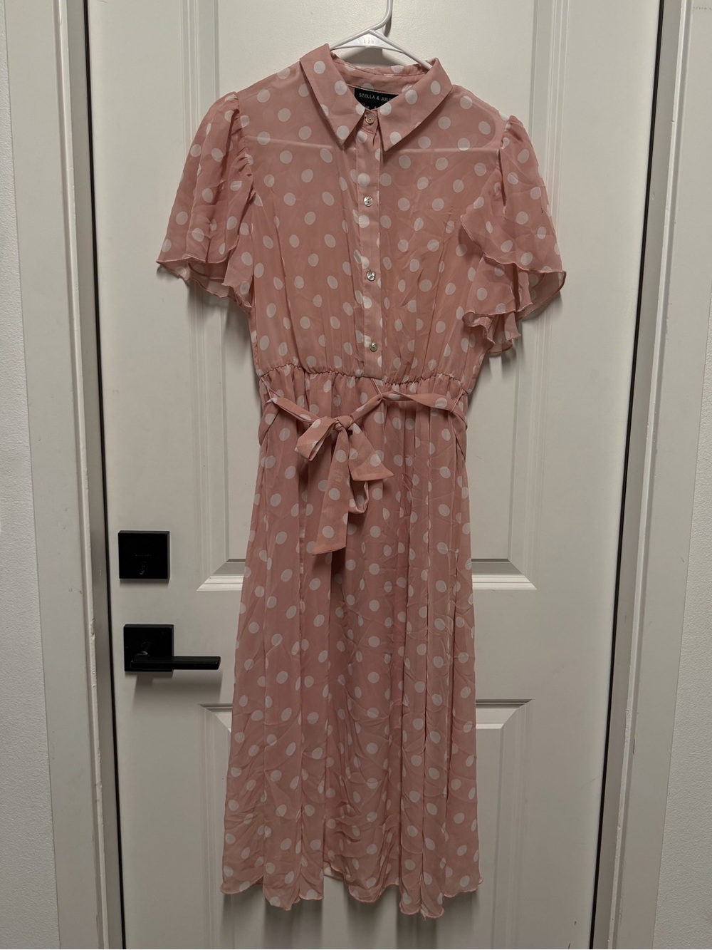 Stella & Julie Pink Polka Dot Midi Dress Women’s Size 4 Cottagecore Coquette - Picture 4 of 6